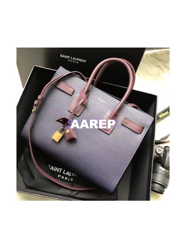 Replica YSL Yves Saint Laurent Classic Small Sac De Jour Bag In Dark Blue Grained Leather with Claret Red Handle 3