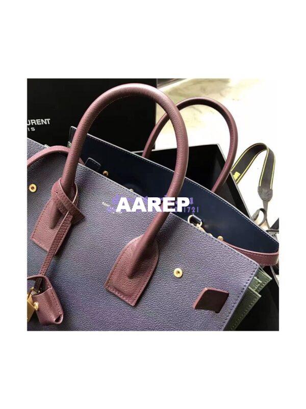 Replica YSL Yves Saint Laurent Classic Small Sac De Jour Bag In Dark Blue Grained Leather with Claret Red Handle 5
