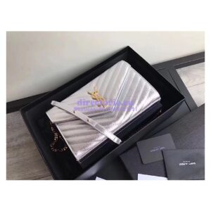 Replica YSL Saint Laurent Monogram Chain Wallet Grained Matelasse Metallic Leather Silver