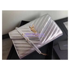 Replica YSL Saint Laurent Monogram Chain Wallet Grained Matelasse Metallic Leather Silver 2