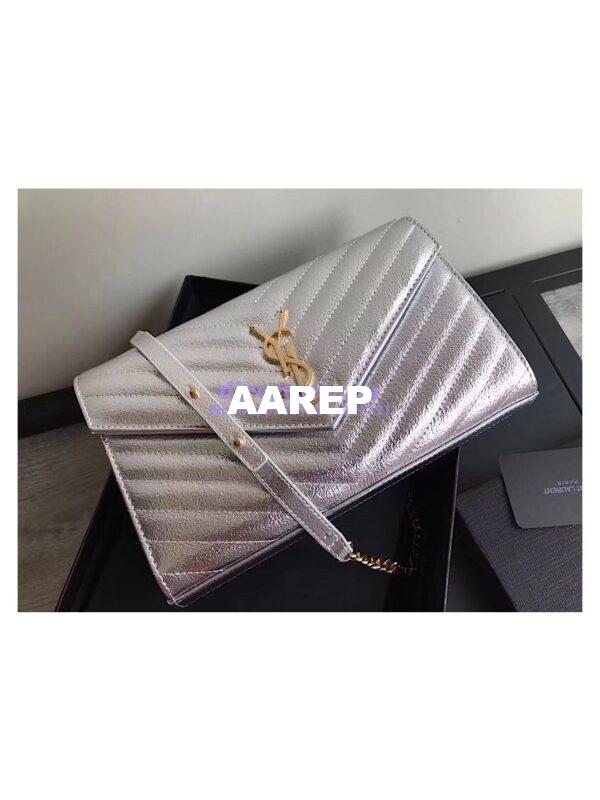 Replica YSL Saint Laurent Monogram Chain Wallet Grained Matelasse Metallic Leather Silver 4