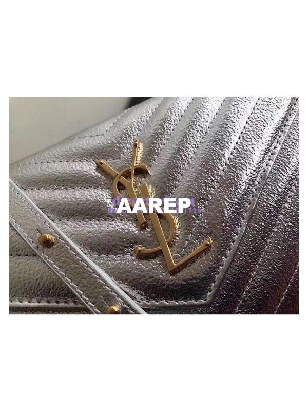 Replica YSL Saint Laurent Monogram Chain Wallet Grained Matelasse Metallic Leather Silver 5