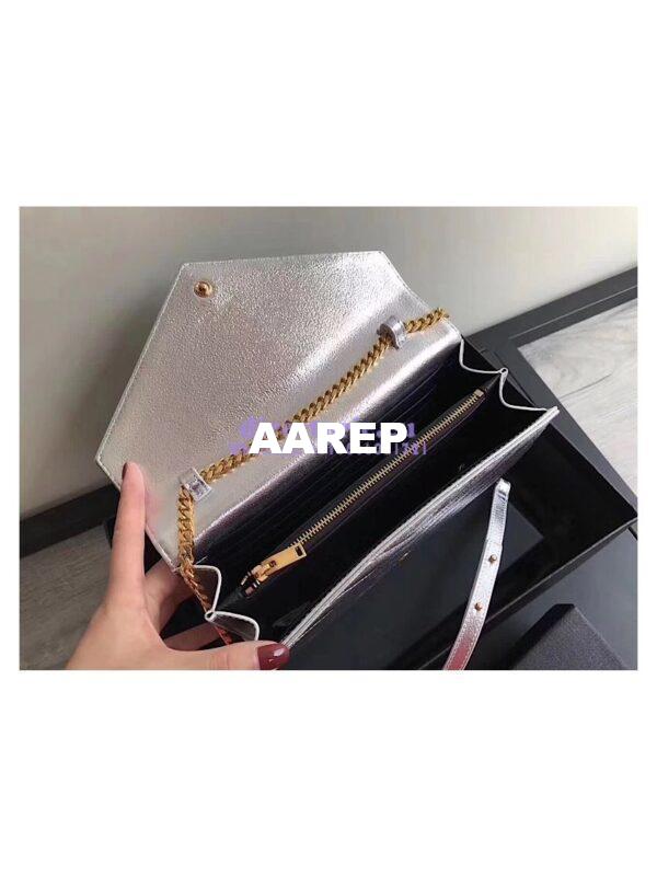 Replica YSL Saint Laurent Monogram Chain Wallet Grained Matelasse Metallic Leather Silver 7