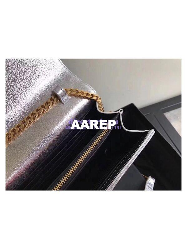 Replica YSL Saint Laurent Monogram Chain Wallet Grained Matelasse Metallic Leather Silver 9