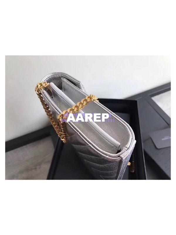 Replica YSL Saint Laurent Monogram Chain Wallet Grained Matelasse Metallic Leather Silver 10