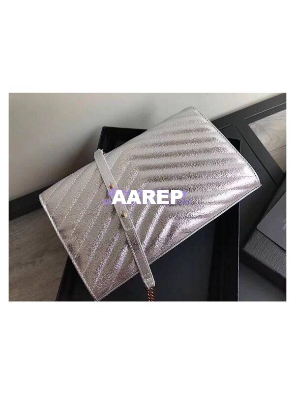 Replica YSL Saint Laurent Monogram Chain Wallet Grained Matelasse Metallic Leather Silver 11