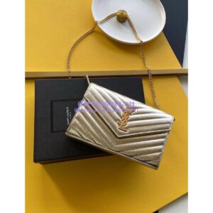 Replica YSL Saint Laurent Monogram Chain Wallet Grained Matelasse etallic Leather Pale Gold