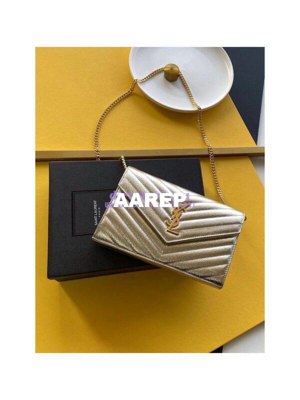 Replica YSL Saint Laurent Monogram Chain Wallet Grained Matelasse etallic Leather Pale Gold