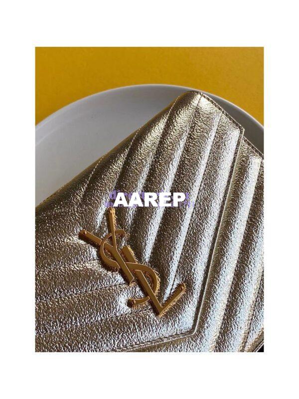 Replica YSL Saint Laurent Monogram Chain Wallet Grained Matelasse etallic Leather Pale Gold 3