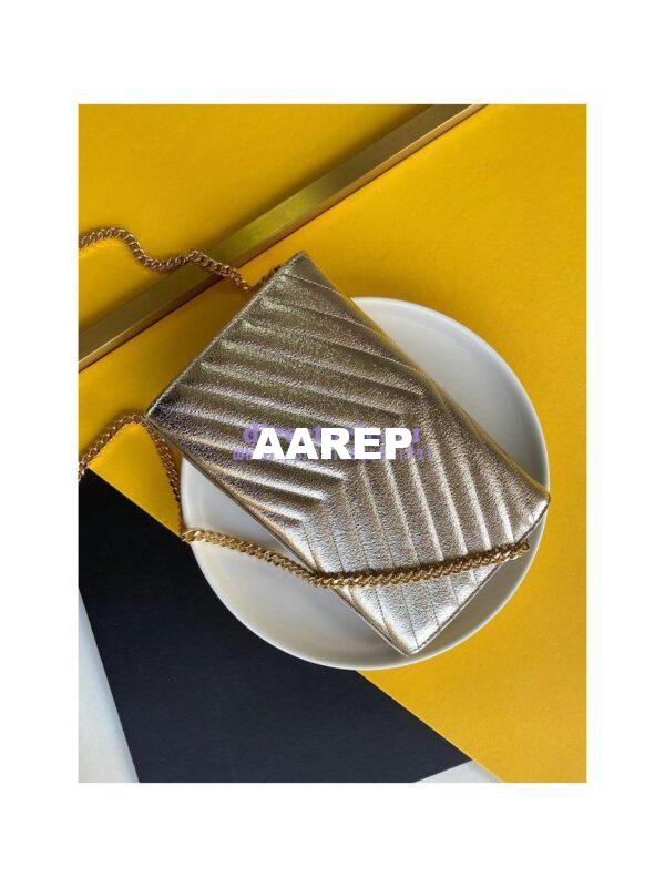 Replica YSL Saint Laurent Monogram Chain Wallet Grained Matelasse etallic Leather Pale Gold 9
