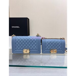 Replica Chanel Medium Boy Handbag in Grained Calfskin with Shining Gold Hardware 67086 Cloud Blue