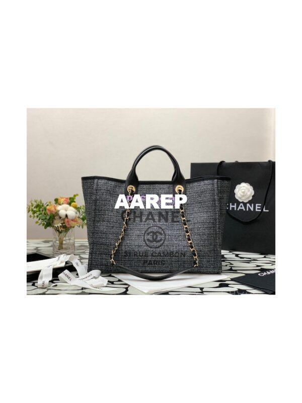 Replica Chanel Deauville Mixed Fibers Calfskin Shopping Bag A66941 Charcoal Jacquard 3