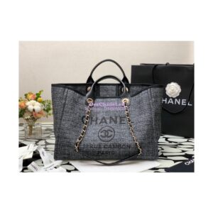 Replica Chanel Deauville Mixed Fibers Calfskin Shopping Bag A66941 Charcoal Jacquard 2