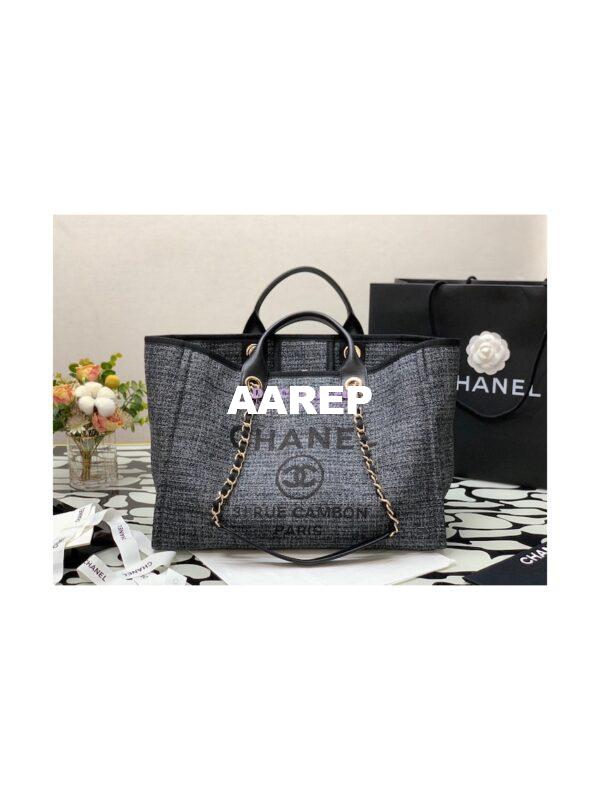 Replica Chanel Deauville Mixed Fibers Calfskin Shopping Bag A66941 Charcoal Jacquard 4