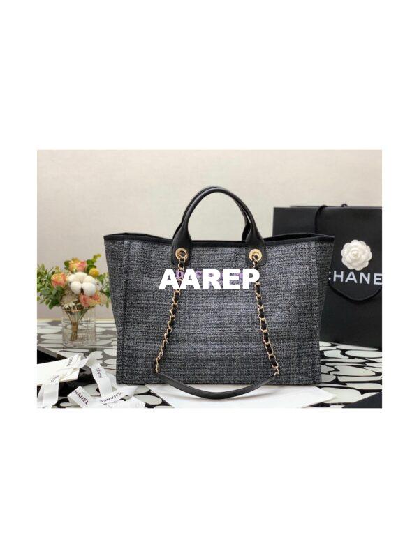 Replica Chanel Deauville Mixed Fibers Calfskin Shopping Bag A66941 Charcoal Jacquard 8