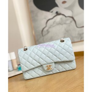 Replica Chanel Medium Classic Double Flap Bag in Lambskin Light Gold Hardware Sky Blue