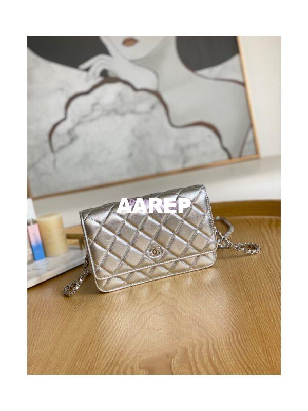 Replica Chanel Metallic Lambskin Silver New Magnetic Wallet On Chain WOC Bag AP0250 3