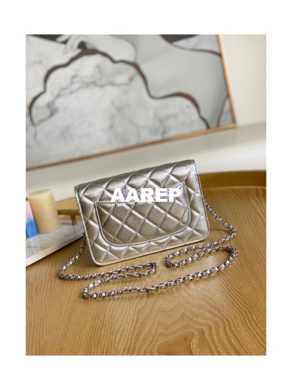 Replica Chanel Metallic Lambskin Silver New Magnetic Wallet On Chain WOC Bag AP0250 10