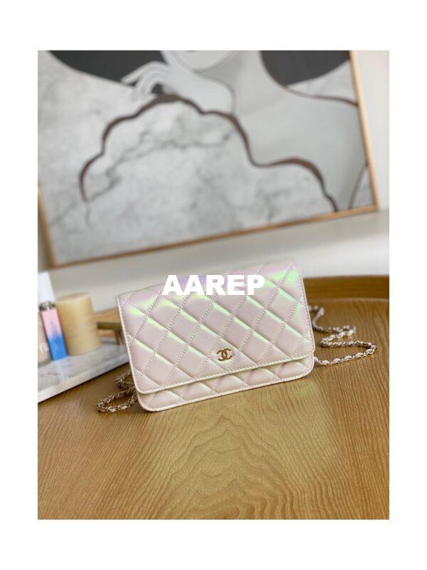 Replica Chanel Metallic Lambskin White New Magnetic Wallet On Chain WOC Bag AP0250