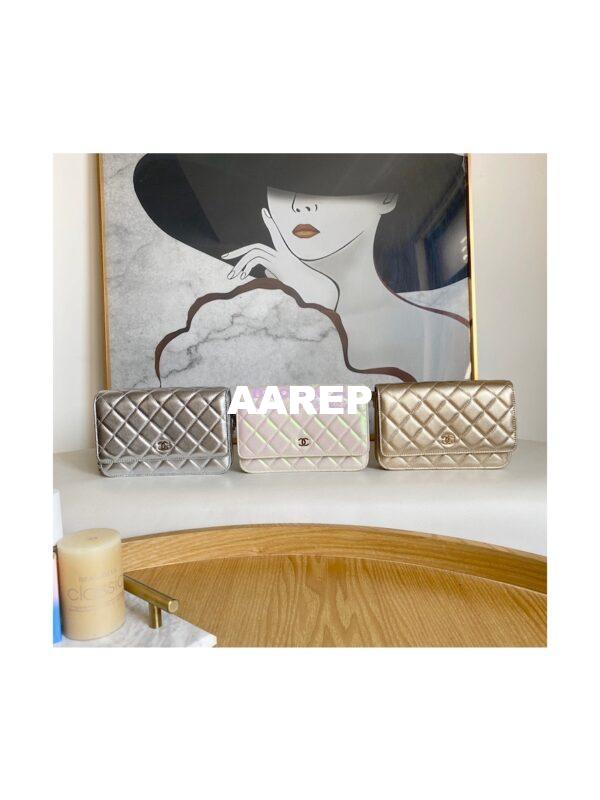 Replica Chanel Metallic Lambskin Gold New Magnetic Wallet On Chain WOC Bag AP0250