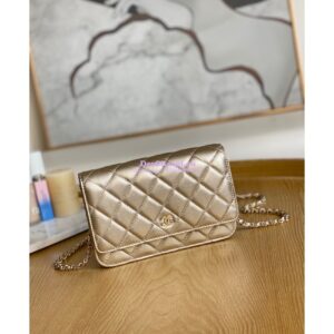 Replica Chanel Metallic Lambskin Gold New Magnetic Wallet On Chain WOC Bag AP0250 2