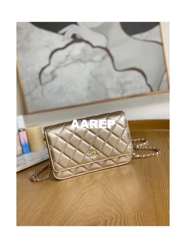 Replica Chanel Metallic Lambskin Gold New Magnetic Wallet On Chain WOC Bag AP0250 2