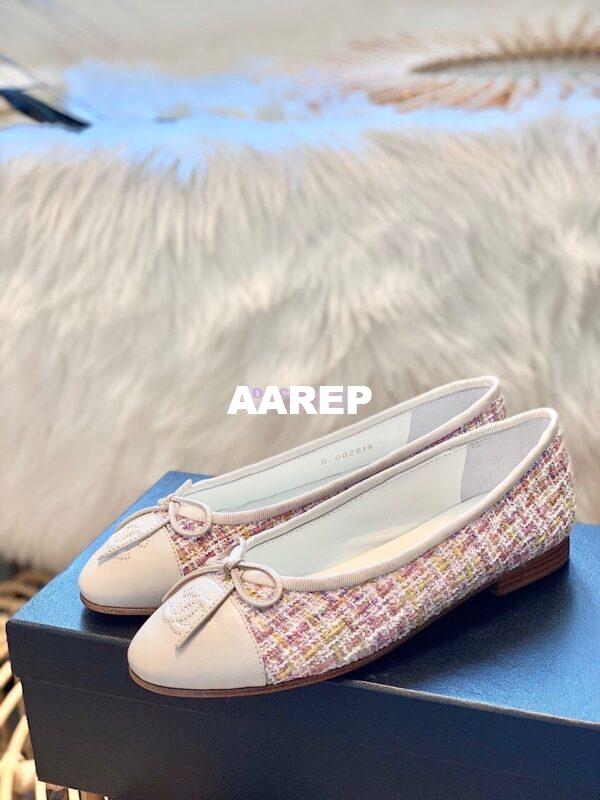 Replica Chanel Light Pink Tweed w Ivory Lambskin Cap Toe Ballerinas G02819 5