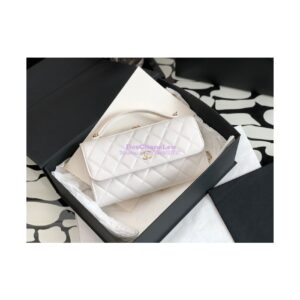 Replica Chanel Flap Phone Holder With Chain In Shiny Calfskin AP2875 White