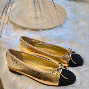 Replica Chanel Lambskin w Grossgrain Cap Toe Ballerinas G02819 Gold 2