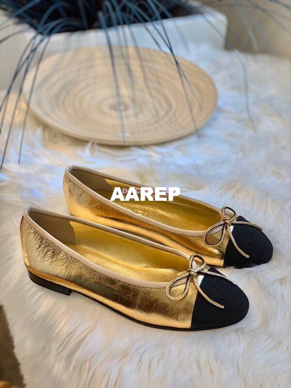 Replica Chanel Lambskin w Grossgrain Cap Toe Ballerinas G02819 Gold 4