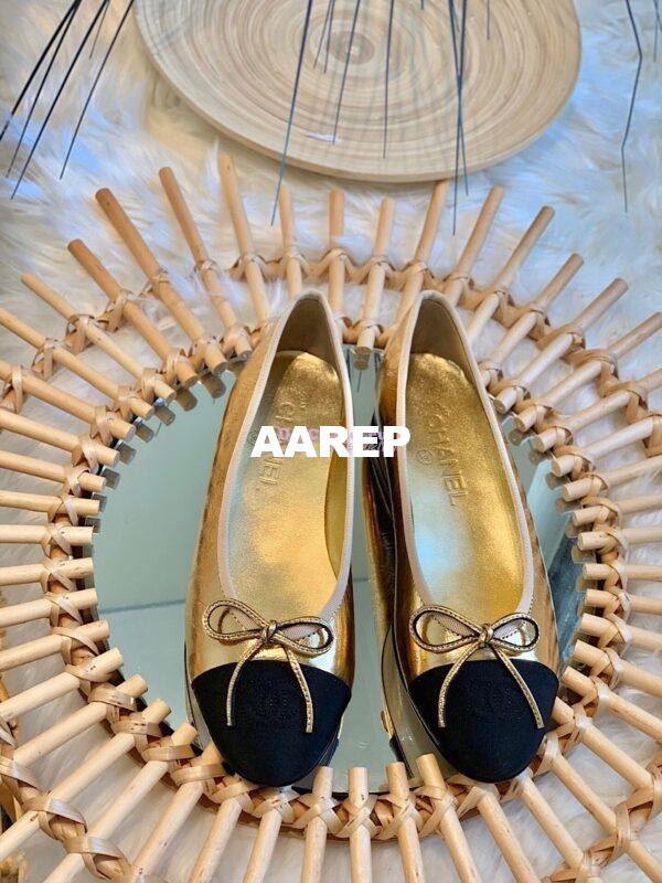 Replica Chanel Lambskin w Grossgrain Cap Toe Ballerinas G02819 Gold 5