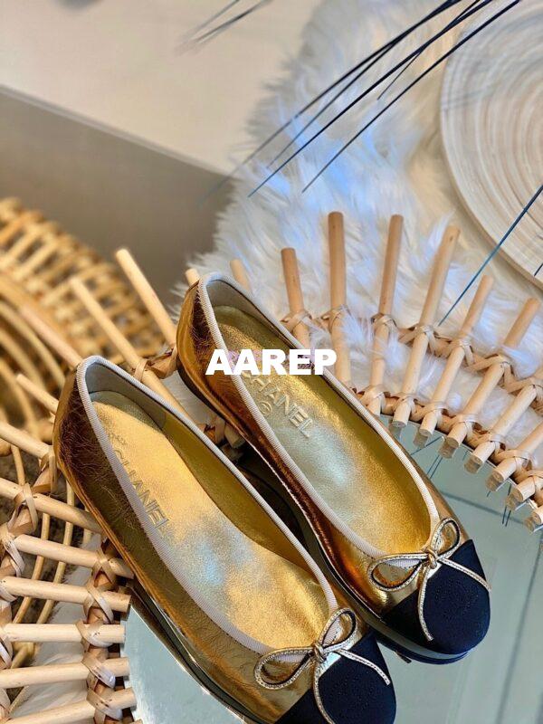 Replica Chanel Lambskin w Grossgrain Cap Toe Ballerinas G02819 Gold 6