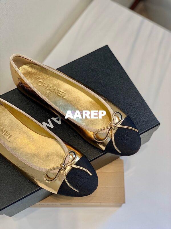 Replica Chanel Lambskin w Grossgrain Cap Toe Ballerinas G02819 Gold 7