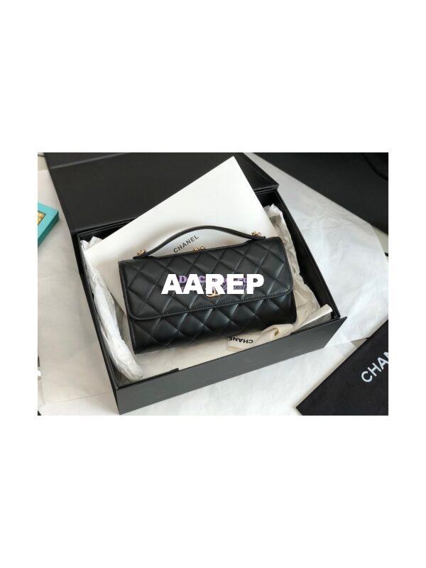 Replica Chanel Flap Phone Holder With Chain In Shiny Calfskin AP2875 Black