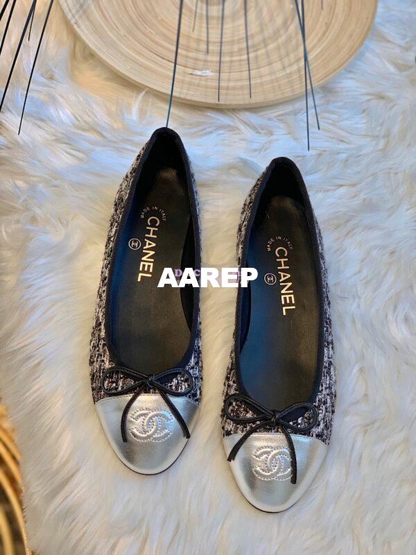 Replica Chanel Tweed w Metallic Lambskin Silver Cap Toe Ballerinas G02819 5