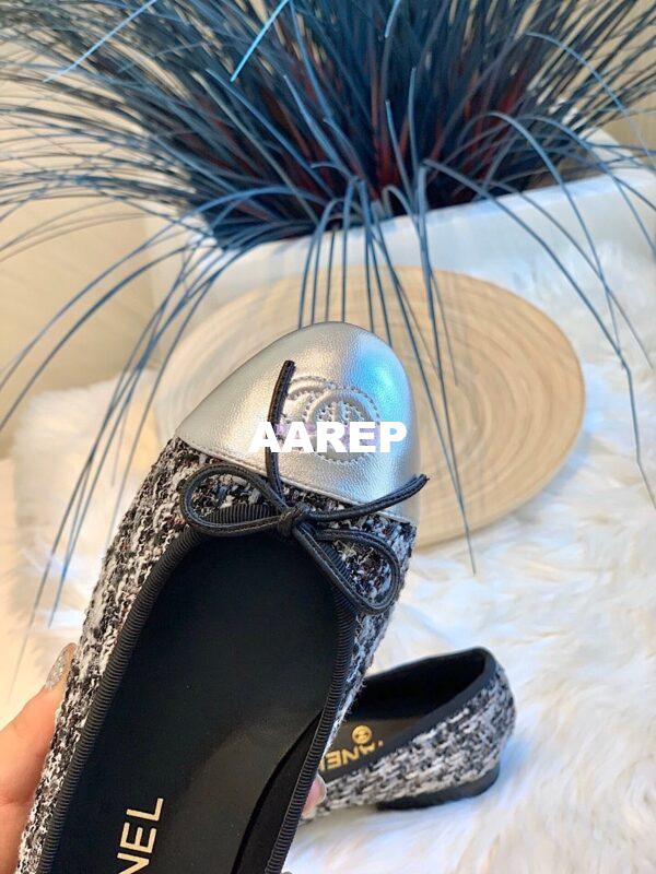 Replica Chanel Tweed w Metallic Lambskin Silver Cap Toe Ballerinas G02819 9