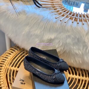 Replica Chanel Camellia Lambskin w Grossgrain Ballerinas G02819 DarkBlue