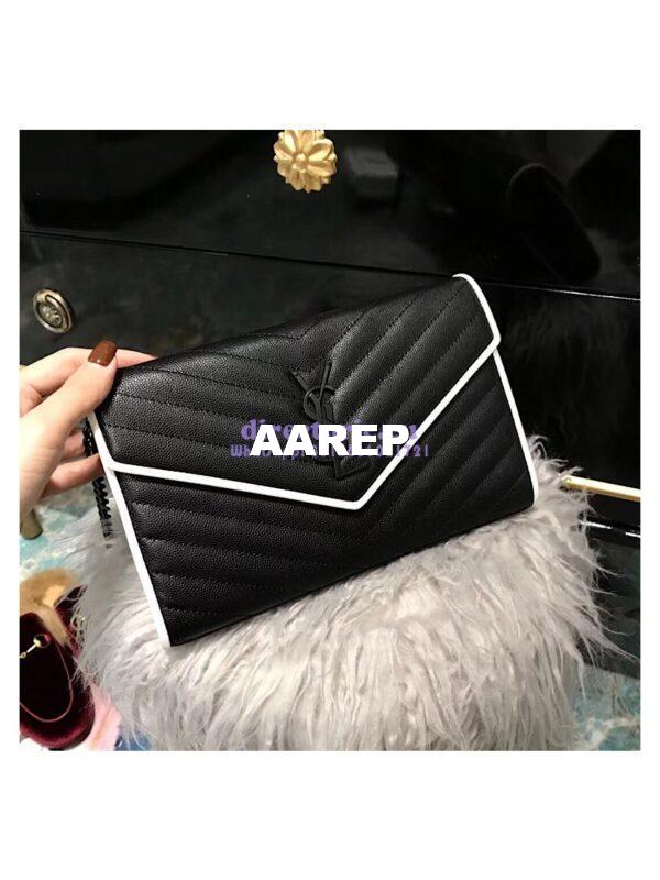 Replica YSL Monogram Saint Laurent Chain Wallet In Black And Dove White Grain De Poudre Textured Matelassé Leather 360452 9
