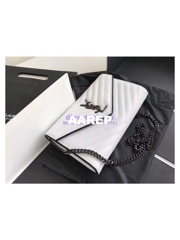 Replica YSL Monogram Saint Laurent Chain Wallet In White And Black Grain De Poudre Textured Matelassé Leather 360452 9