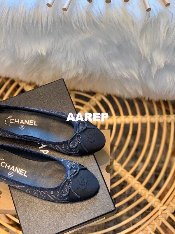 Replica Chanel Camellia Lambskin w Grossgrain Ballerinas G02819 DarkBlue 6