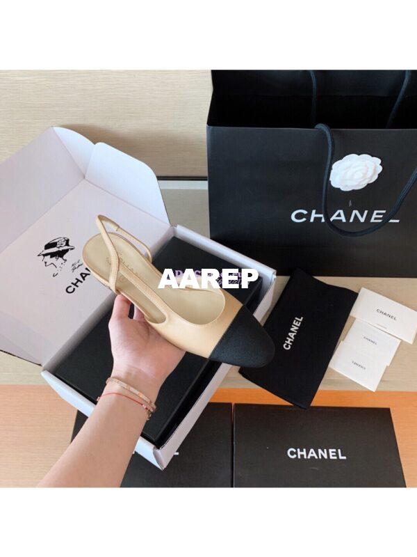 Replica Chanel Slingbacks 20mm Goatskin W/ Grosgrain G31319 Beige Black 7