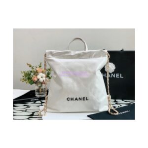 Replica Chanel 22 Backpack in Shiny Calfskin AS3313 White with Lacquered Metal