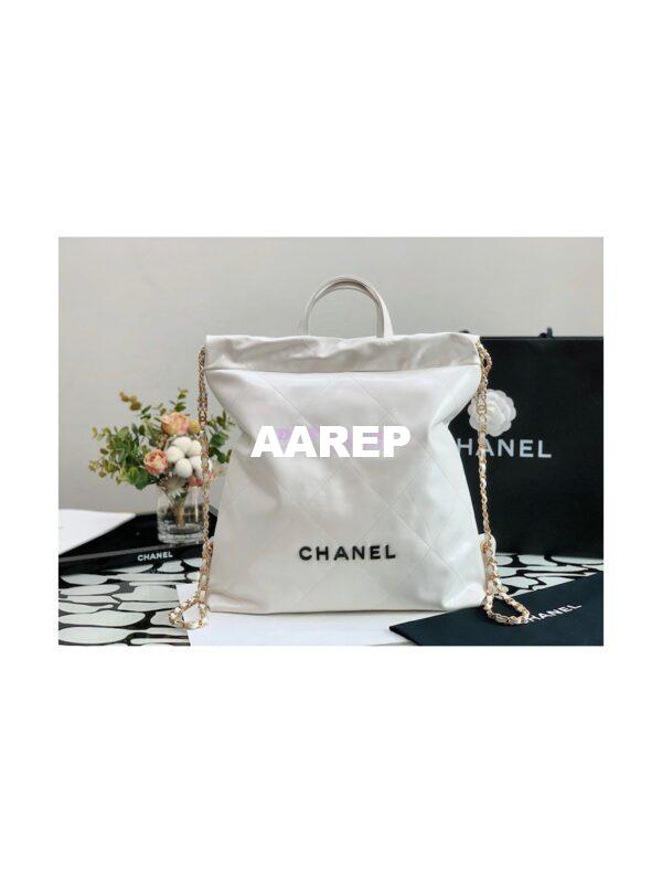 Replica Chanel 22 Backpack in Shiny Calfskin AS3313 White with Lacquered Metal