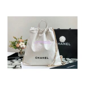 Replica Chanel 22 Backpack in Shiny Calfskin AS3313 White with Lacquered Metal 2