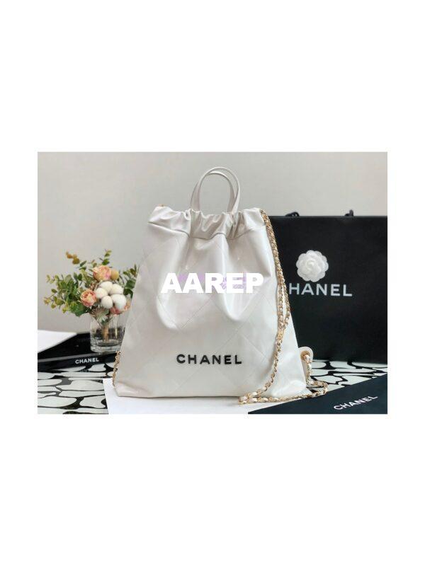 Replica Chanel 22 Backpack in Shiny Calfskin AS3313 White with Lacquered Metal 2