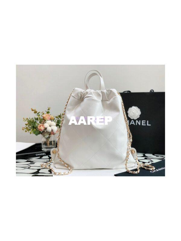 Replica Chanel 22 Backpack in Shiny Calfskin AS3313 White with Lacquered Metal 8