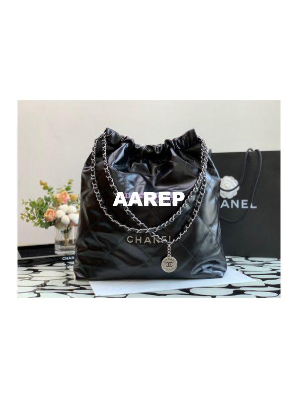 Replica Chanel 22 Large Handbag Shiny Calfskin & Silver Metal AS3262 Black