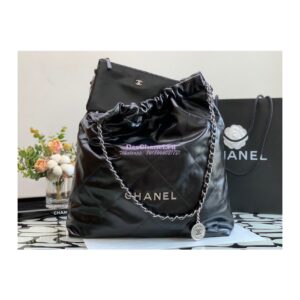 Replica Chanel 22 Large Handbag Shiny Calfskin & Silver Metal AS3262 Black 2