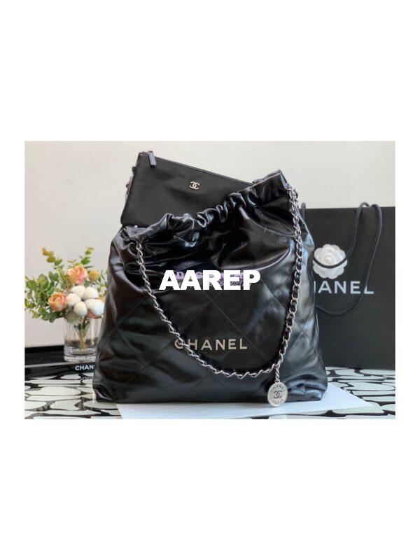 Replica Chanel 22 Large Handbag Shiny Calfskin & Silver Metal AS3262 Black 2