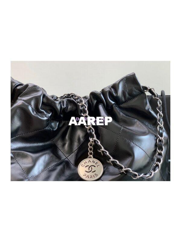 Replica Chanel 22 Large Handbag Shiny Calfskin & Silver Metal AS3262 Black 4